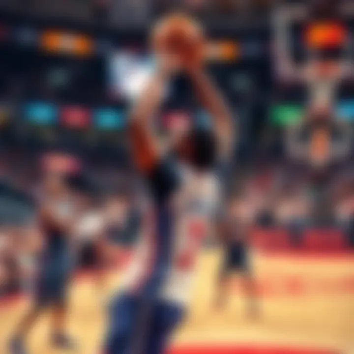 Kawhi Leonard, wearing a team jersey, shoots the ball during a game, surrounded by teammates and opponents, capturing the intensity of the match.