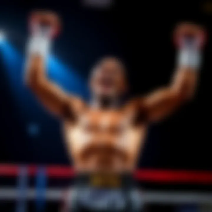 Keita raises his arms in victory after winning by TKO in the ring, showing excitement and determination.