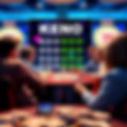 A group of people discussing keno strategies around a table with keno tickets and a digital display showing keno numbers.