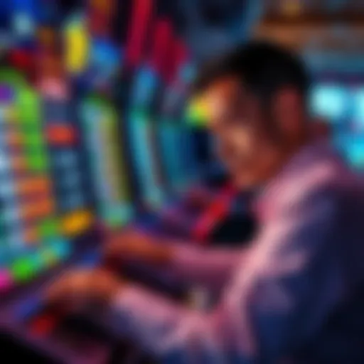 Keno game strategy A person playing Keno Engine with a focused expression, colorful betting options visible on the screen, surrounded by chips and cash, showcasing excitement and strategy in gaming.