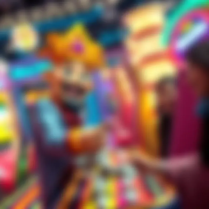A cheerful character known as the Keno God handing out cash to four happy players in a lively setting