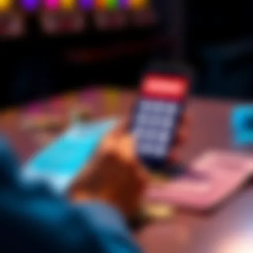 A person playing Keno with a lottery app displaying matching numbers on a smartphone. Coins and a ticket are on the table next to the phone.