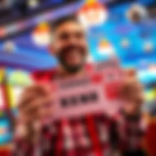A happy Keno player holding a ticket with a winning amount highlighted and a wide smile