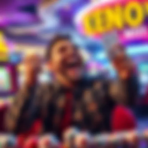 A joyful player celebrating after winning $12,000 from a $50 bet in Keno, with chips and tickets in hand.