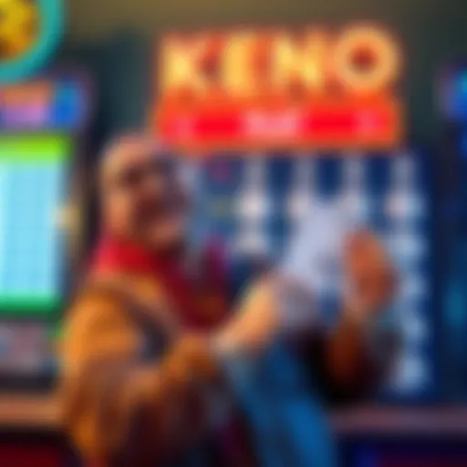 A Keno player celebrating their achievement of reaching Plat I, holding a winning ticket and smiling, with a Keno board in the background