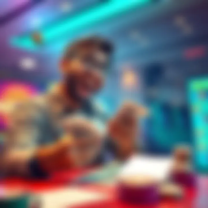 A joyful Keno player counting cash after a successful game, with a Keno card and betting slip visible on the table.