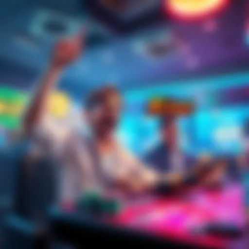 A player excitedly wins at a keno game while a snake is nearby, showcasing a thrilling gaming atmosphere with chips and cards.