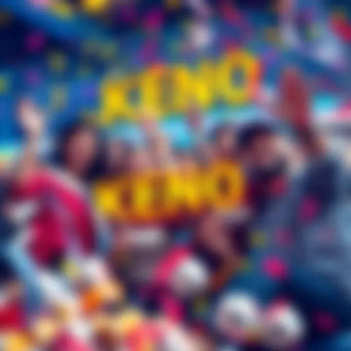 A group of cheerful people celebrating a big Keno win, with tickets and cash in hand, surrounded by colorful confetti.