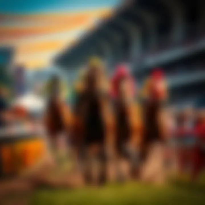 Horses racing with jockeys at the Kentucky Derby, surrounded by excited fans and colorful decorations.