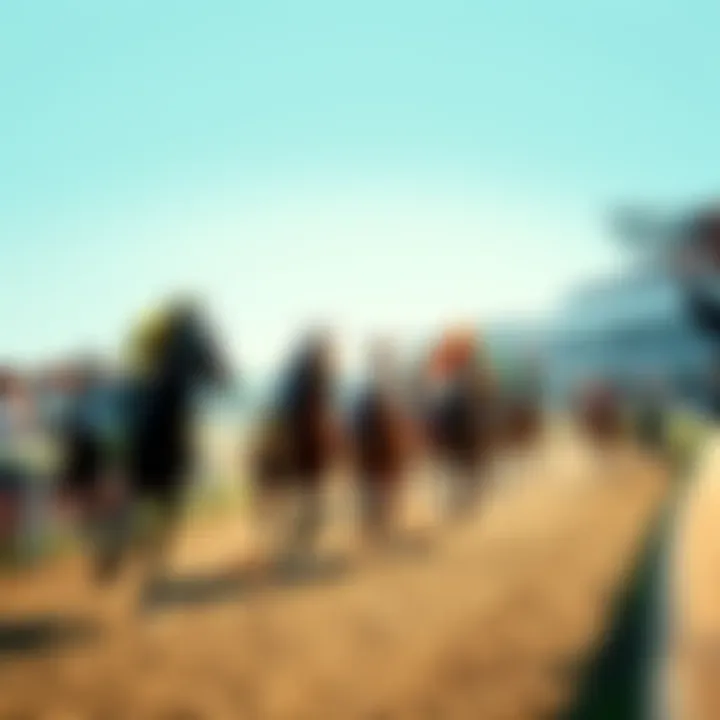 A lively scene of horses racing at the Kentucky Derby with spectators cheering