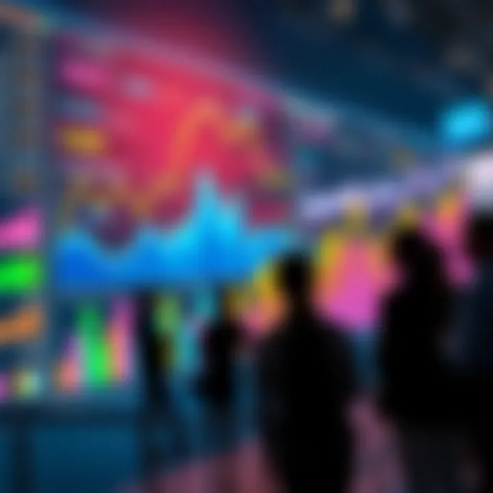 A colorful chart displaying various statistics related to data analysis with people discussing insights around it.