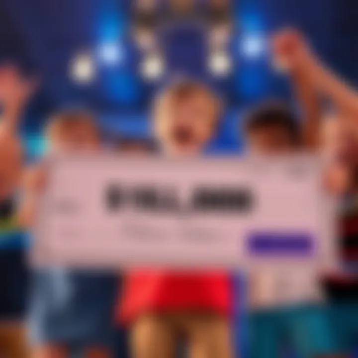 Group of excited kids holding a large check with a million dollar label, showing joy and surprise