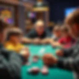 Kids learning poker A group of children at a table, playing poker with cards and chips, while a parent teaches them the game, showcasing skills and strategies for future success.