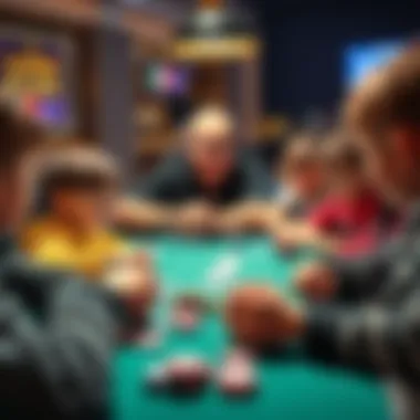 Kids learning poker A group of children at a table, playing poker with cards and chips, while a parent teaches them the game, showcasing skills and strategies for future success.