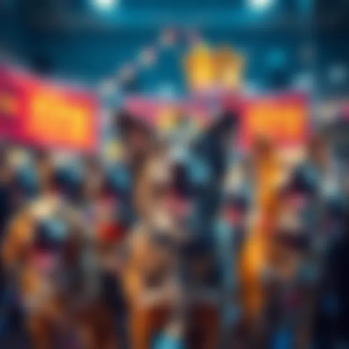 A group of excited dogs ready to compete in the King of the Dogs promotion, surrounded by colorful banners and prizes.