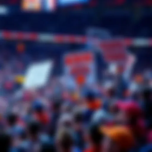A group of New York Knicks fans holding signs and cheering passionately during a game, with a sea of blue and orange in the stands.