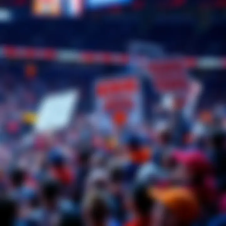 A group of New York Knicks fans holding signs and cheering passionately during a game, with a sea of blue and orange in the stands.