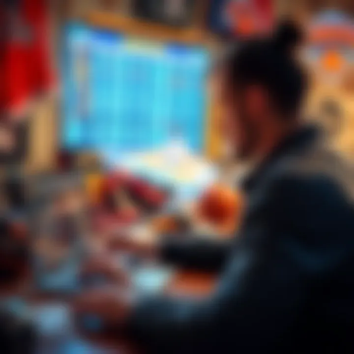 A person looking at betting odds for the Knicks on a laptop with sports memorabilia around them.