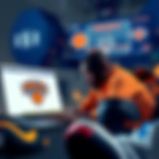 A person analyzing Knicks live Moneyline betting odds with a laptop and basketball gear around them.