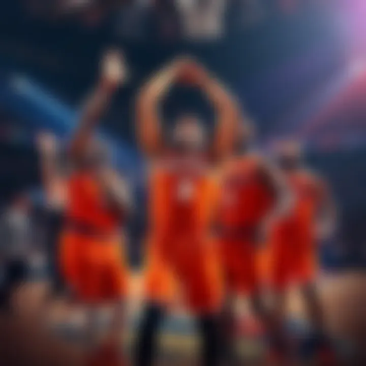 New York Knicks players celebrating after scoring 100 points in a game, showing excitement and teamwork on the court