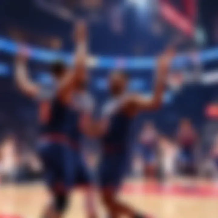 New York Knicks players celebrating after scoring during a game