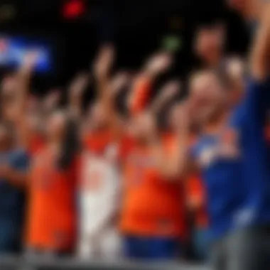Group of enthusiastic New York Knicks fans in team jerseys celebrating during a game
