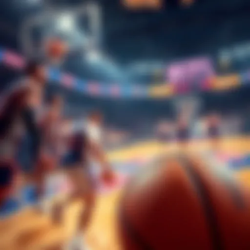 A basketball court with Knicks players during halftime, showcasing a betting slip and a basketball in the foreground