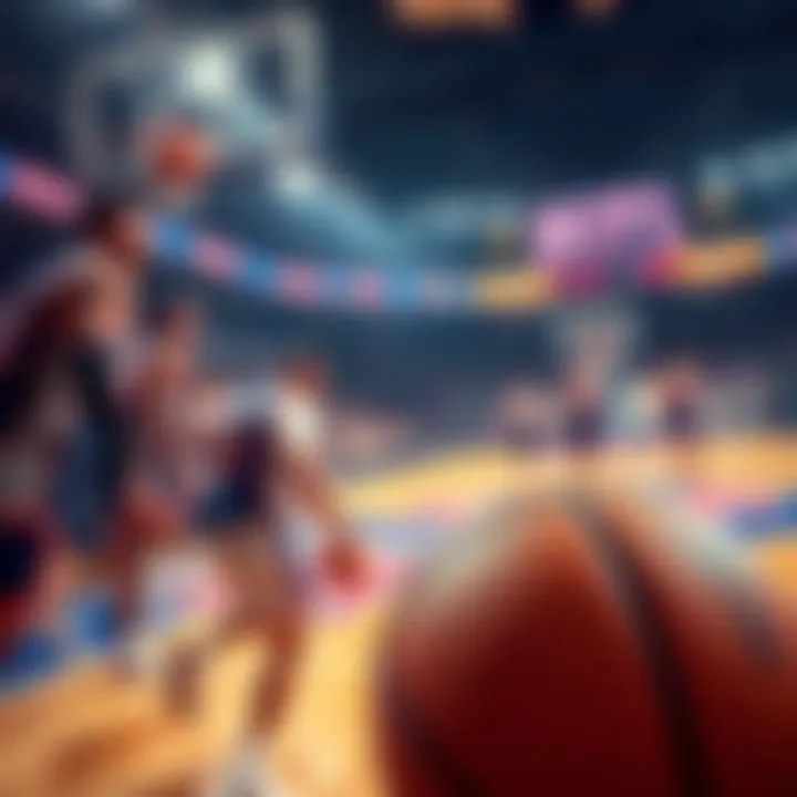 A basketball court with Knicks players during halftime, showcasing a betting slip and a basketball in the foreground