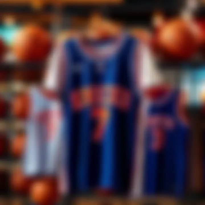 A stylish Knicks jersey hanging on a rack with basketballs in the background, showcasing team colors and design