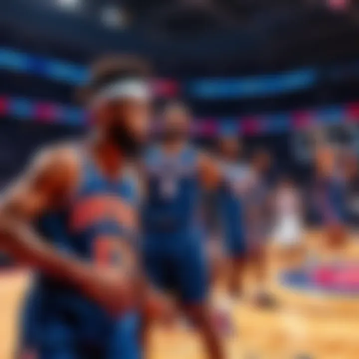 Players from the New York Knicks and Detroit Pistons on the court during an NBA game.