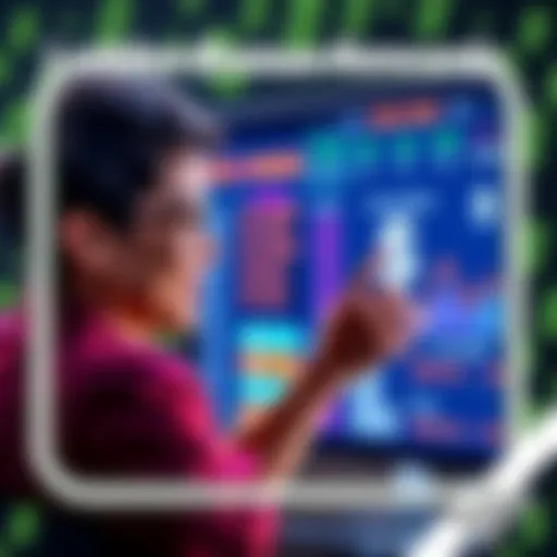 A person happily looking at a screen displaying ladder bonus rewards and statistics, with dollar signs in the background, indicating financial gain.