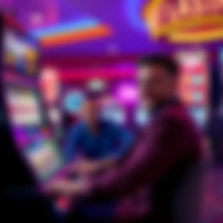 Lady Luck and Vegas Matt sitting at a slot machine in Ocean Casino, showing excitement after a big win, with colorful lights and casino atmosphere in the background
