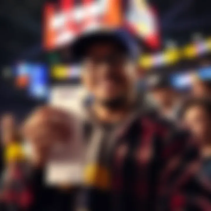 A dedicated Laker fan holds a betting slip after placing a $10 parlay bet, looking hopeful for a big win.