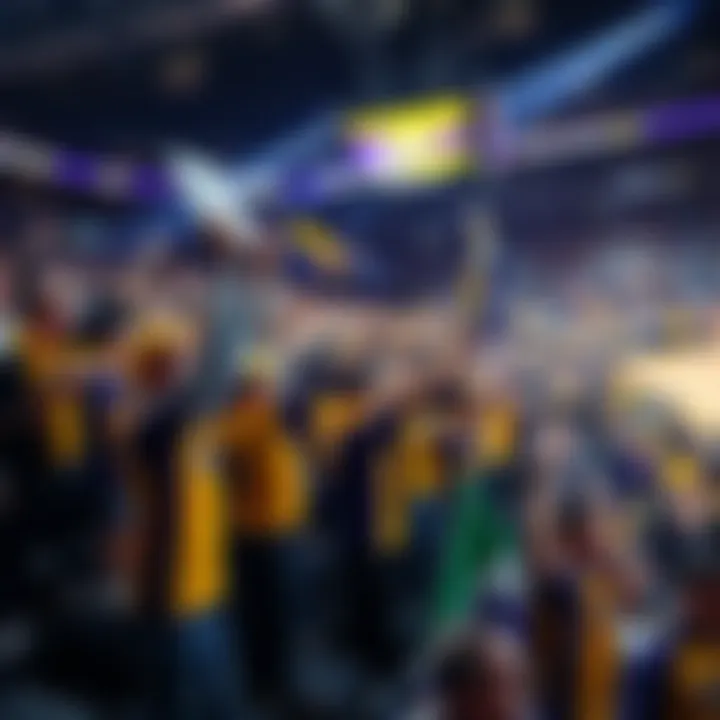 Lakers fans cheering for victory Lakers fans in the stands wearing team colors, holding signs and cheering during a game