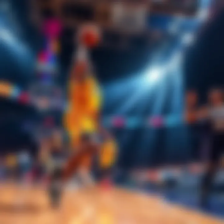 Los Angeles Lakers players in action during a live game, showcasing intense gameplay and excitement on the court.