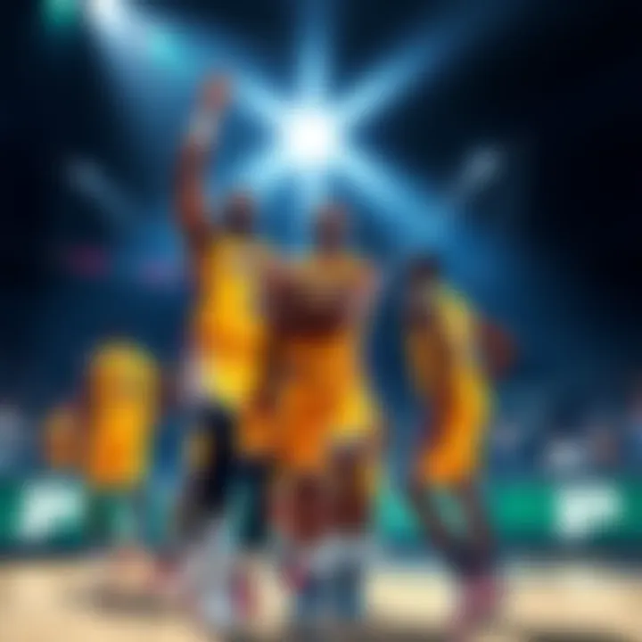 Lakers players celebrating after a game win with fans in the background