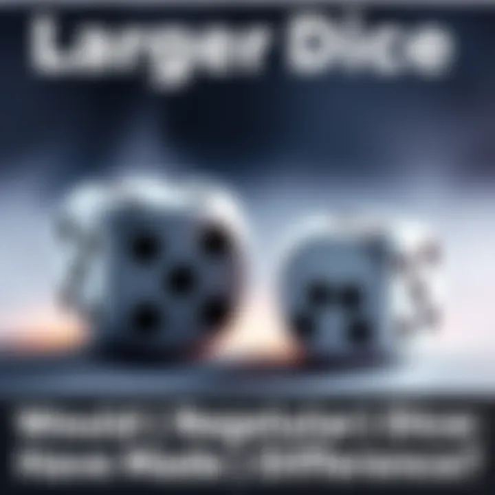 A side-by-side view of regular-sized dice and larger dice, showcasing the size difference and how they might impact game outcomes.