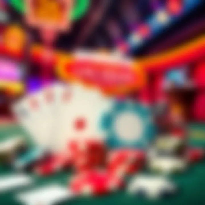 A vibrant Las Vegas casino scene featuring poker chips, playing cards, and neon lights in the background, symbolizing gambling excitement.