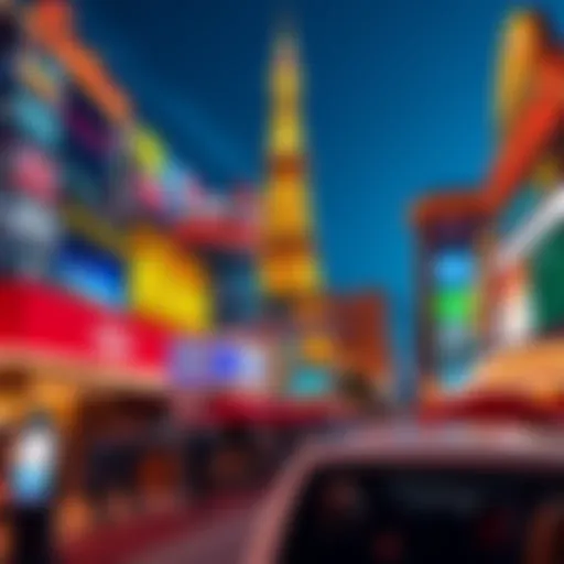 A view of popular Las Vegas casinos, showcasing bright lights and iconic buildings, with people enjoying their time outside.