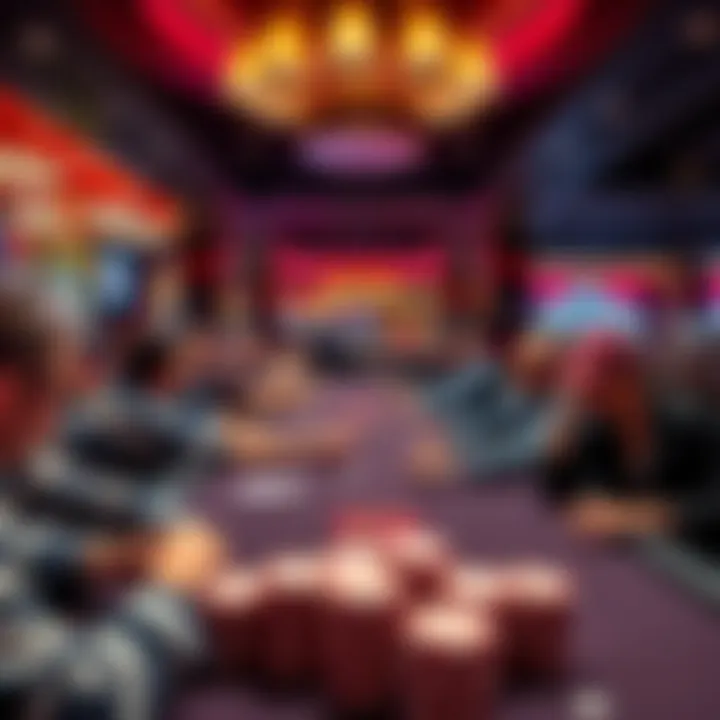 A busy poker table in a Las Vegas casino with players engaged in a game, chips stacked high.