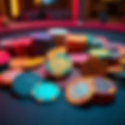 A collection of colorful old $1 casino chips from Las Vegas displayed on a table, showcasing various designs and molds