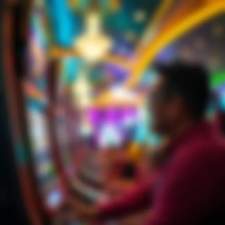 A person playing a slot machine in a luxurious Las Vegas hotel casino, focused on the game with bright lights and casino decor around them.