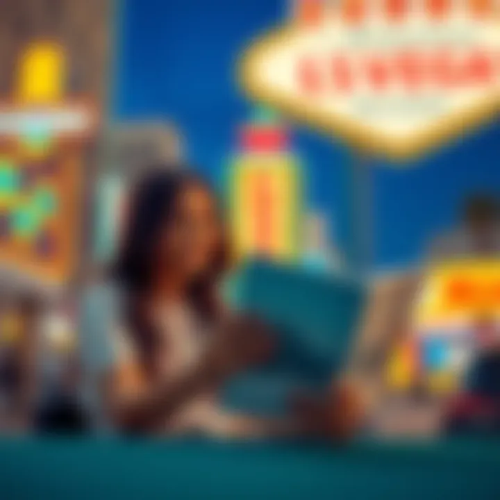 A couple looking at hotel brochures in Las Vegas, with bright lights and casino signs in the background