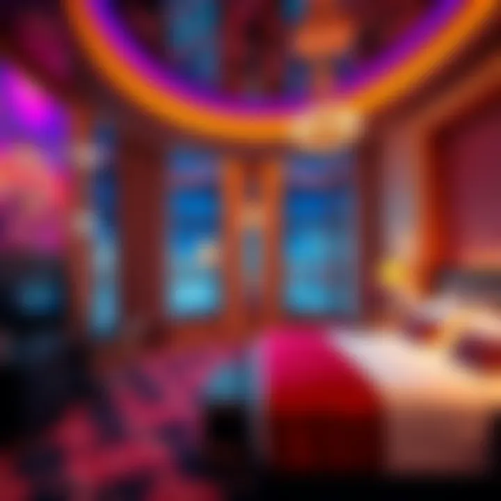 Las Vegas Hotel Room A view of a luxury hotel room in Las Vegas with bright lights and inviting decor