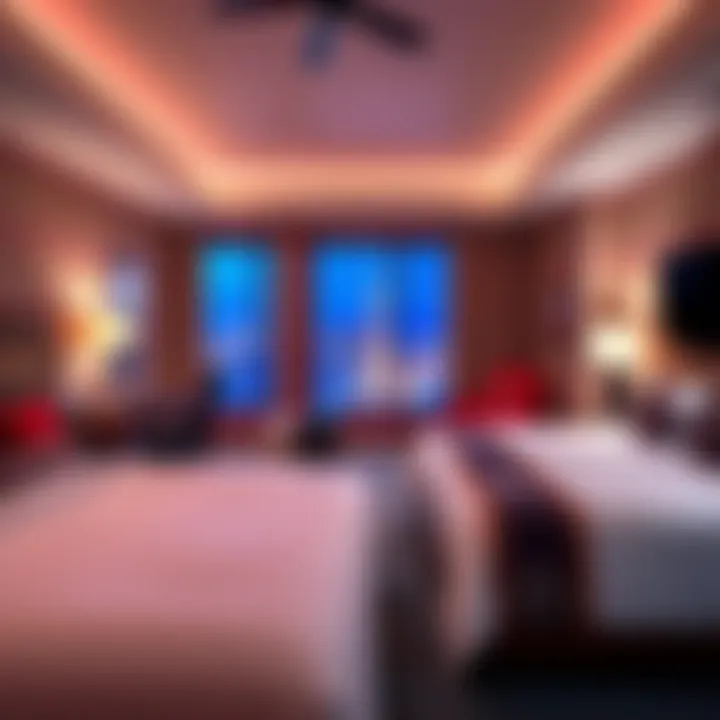 A view of two hotel rooms at a Las Vegas hotel, showcasing comfortable beds and casino-themed decor.