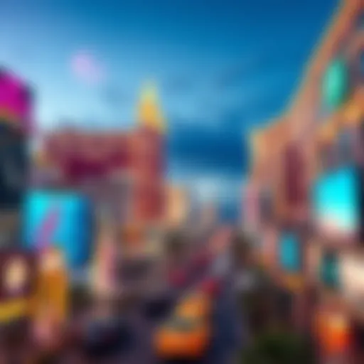 A view of top Las Vegas hotels lined up along the famous Strip, showcasing vibrant lights and busy streets.