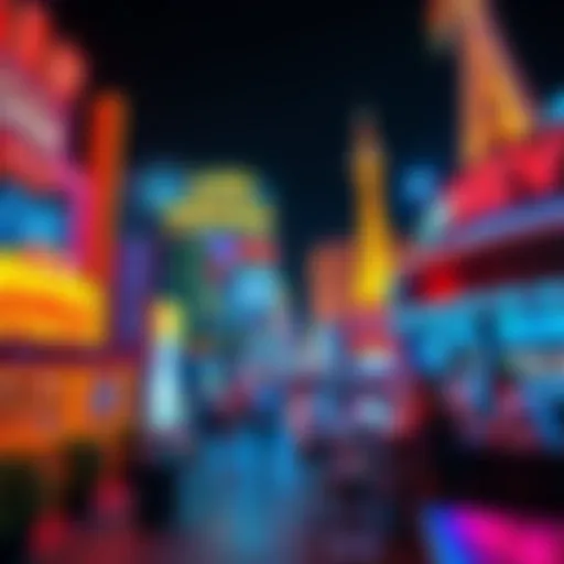 A vibrant scene of Las Vegas nightlife featuring bustling casinos, bright neon lights, and people enjoying drinks at an outdoor bar.