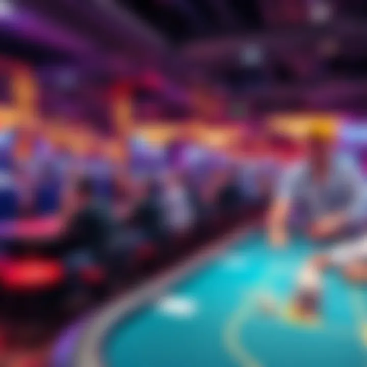 A bustling Las Vegas casino during a summer poker tournament with players at the tables and cheering spectators