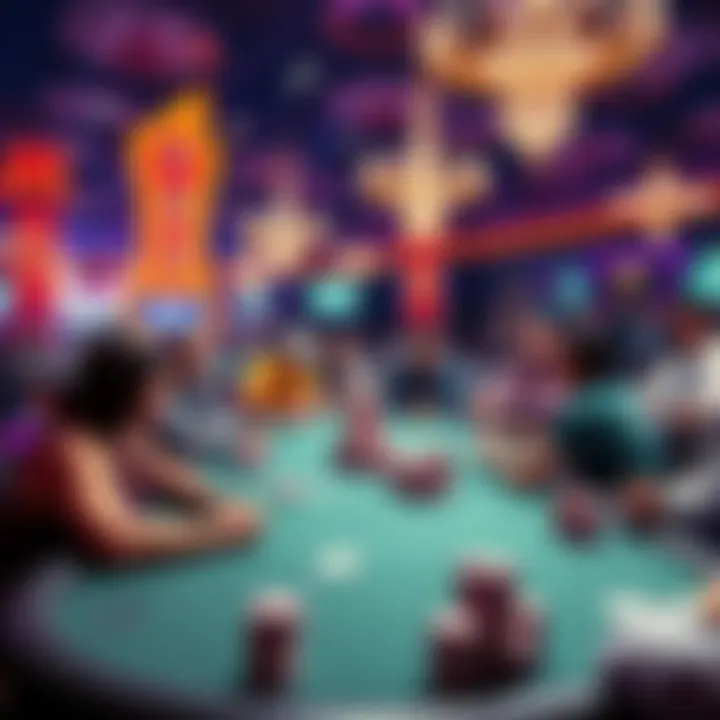 A vibrant poker tournament scene in Las Vegas with players at tables and chips stacked high