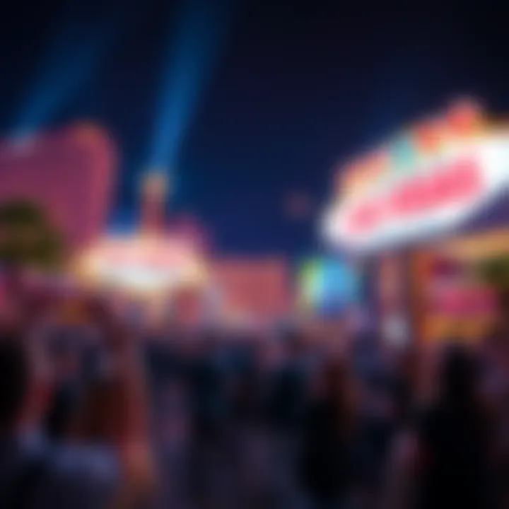 Bright lights of the Las Vegas Strip with a crowd of people excitedly looking up at a large banner promoting an upcoming event.